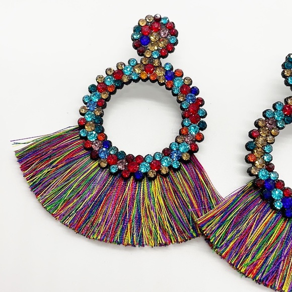 New Multicolored Round Fringe Dangle Stud Earrings - Picture 8 of 9